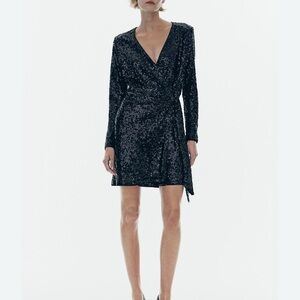 H&M Black Sequin Long Sleeve Wrap Dress